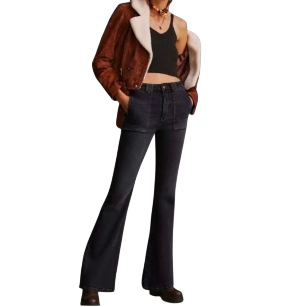 Anthropologie  Patch Pocket Pilcro The Icon Wide Leg Flare Jeans Black  28 - Picture 2 of 16